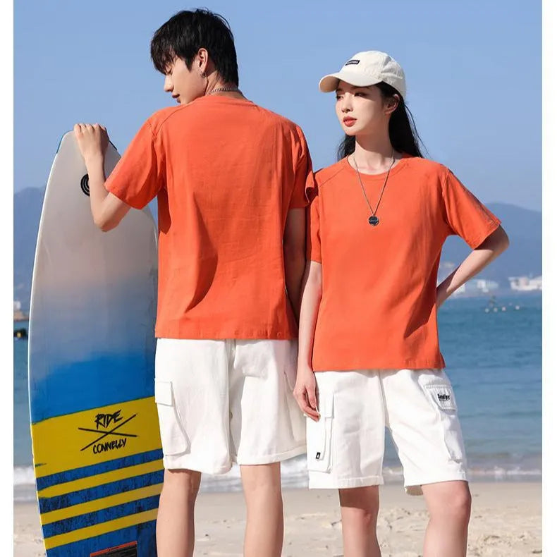 Men's pure cotton straight short sleeve t-shirt in solid colour on hanger