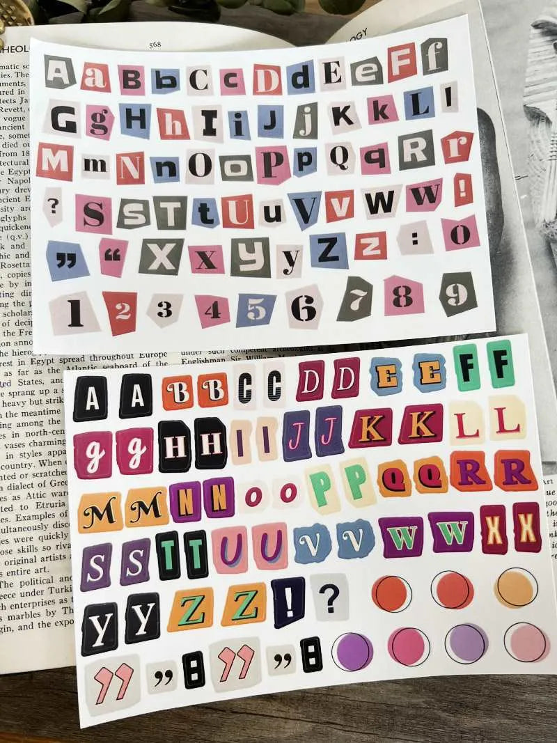 English letters and numbers label sticker sets showing alphabet series A through E with week words in cute style