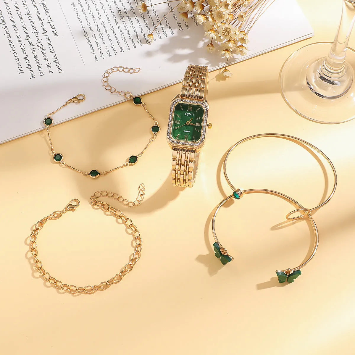 Gold green square watch and four matching bracelets jewellery set with 25mm dial