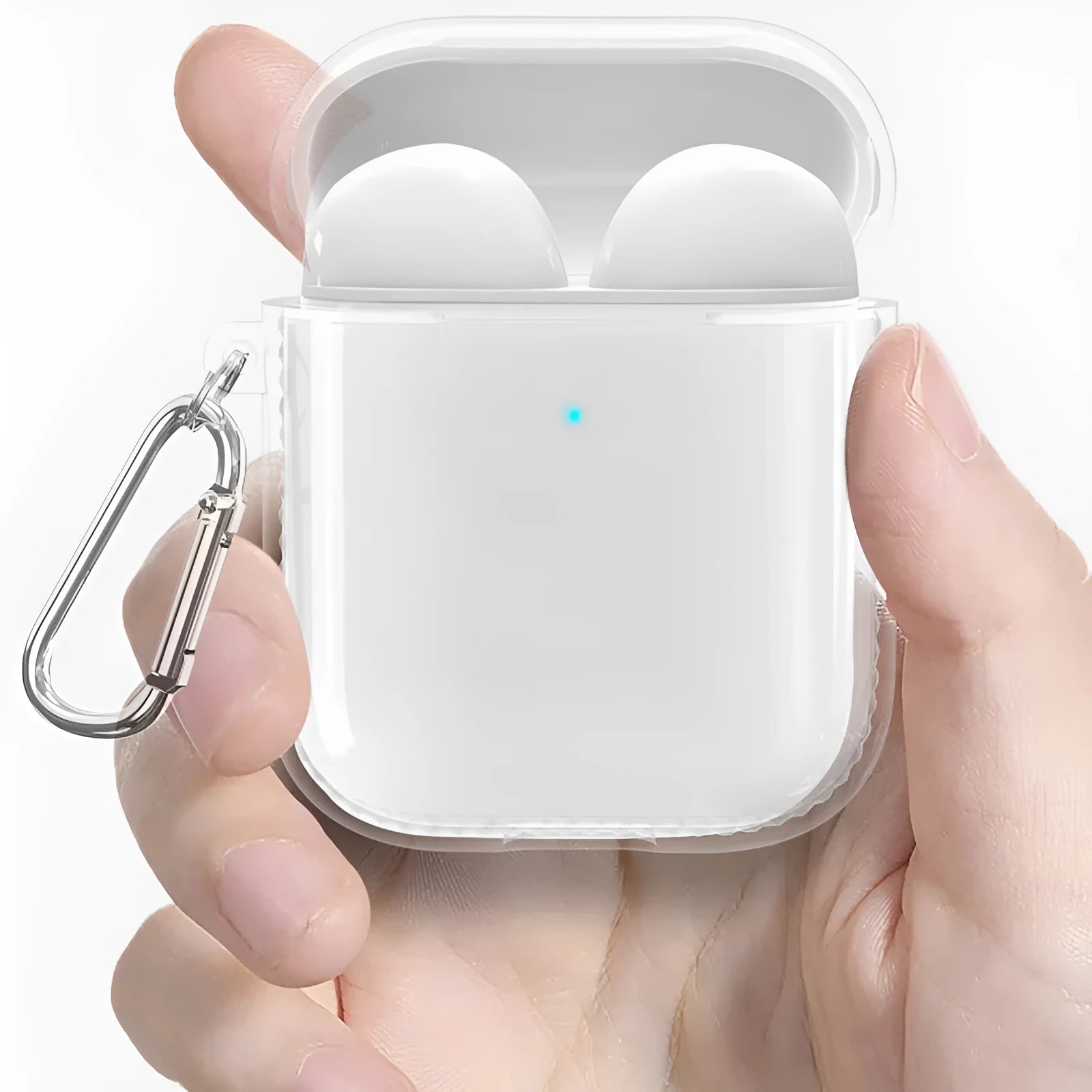 Transparent TPU soft case for AirPods 2 with airbag shock protection, showing snug fit and clear finish
