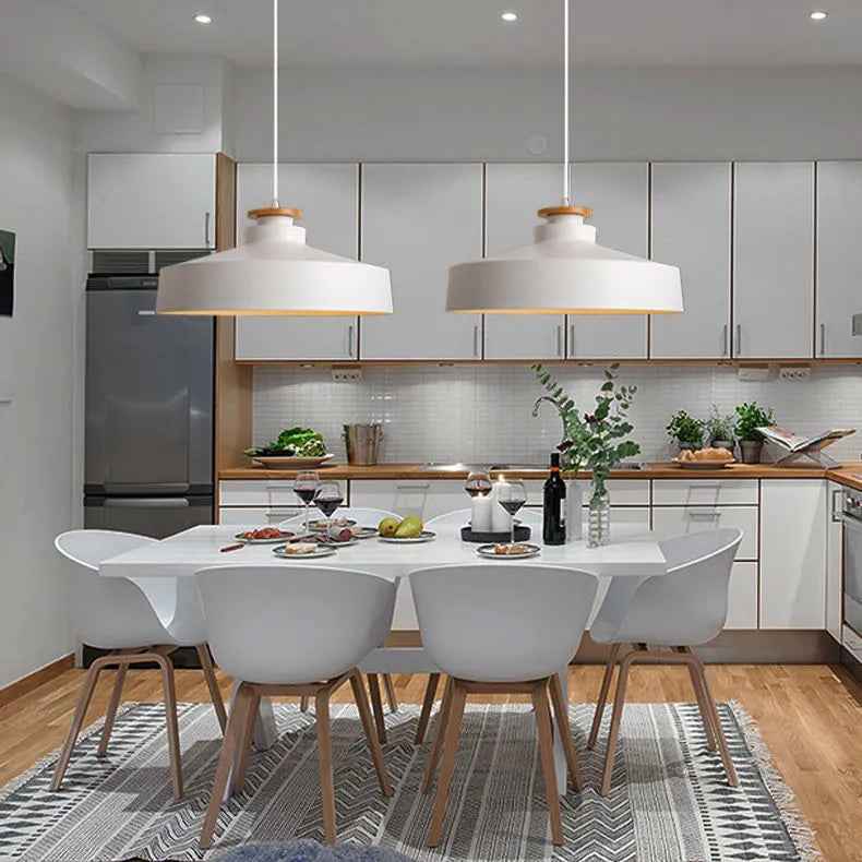 Nordic retro macaron pendant light with 35cm shade, shown in one of ten colours for bedroom or study ceiling use.