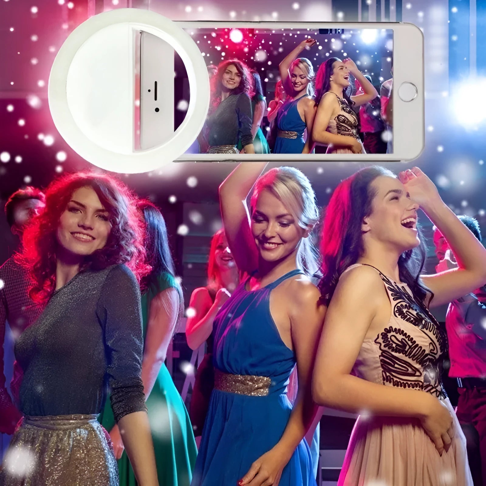 Green selfie ring light clipped onto a mobile phone with LED illumination