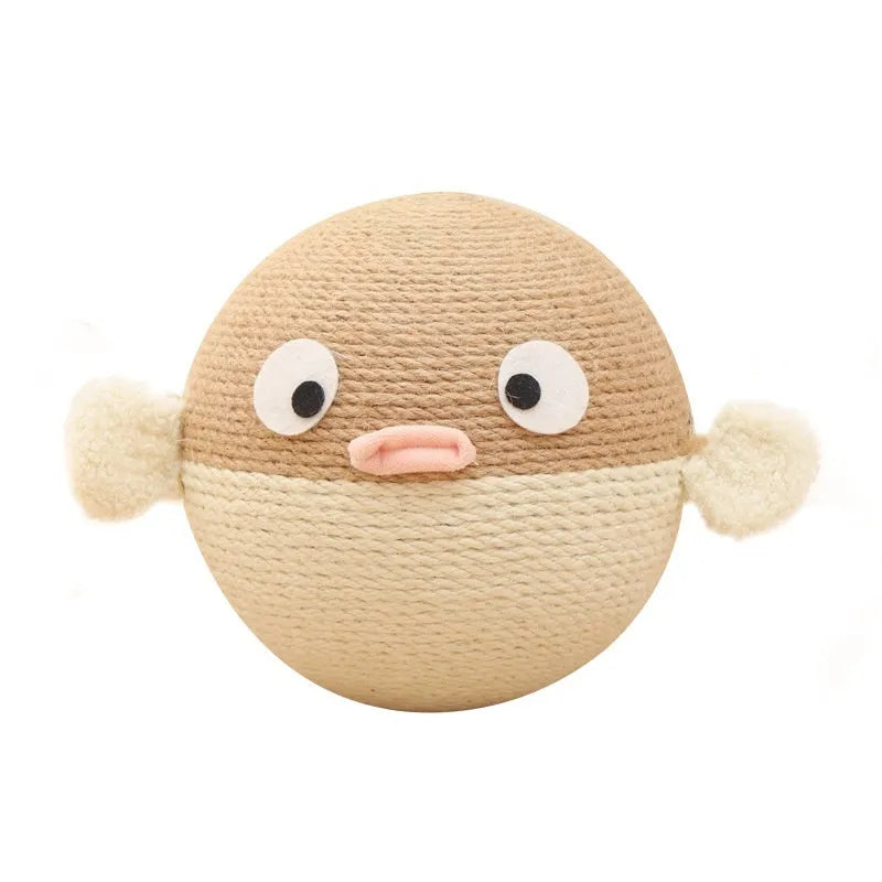 Puffer fish-shaped sisal puzzle feeder toy for pets, shown in a 15cm cube size.