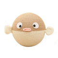 Puffer fish-shaped sisal puzzle feeder toy for pets, shown in a 15cm cube size.