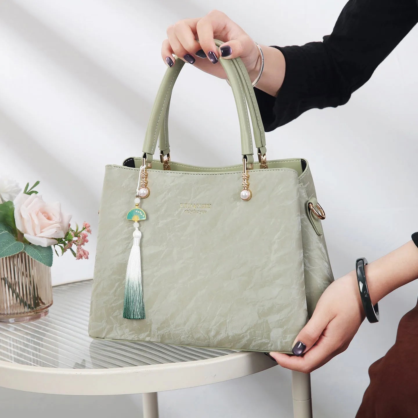 Women's horizontal square PU handbag with slit pocket in ethnic colour options