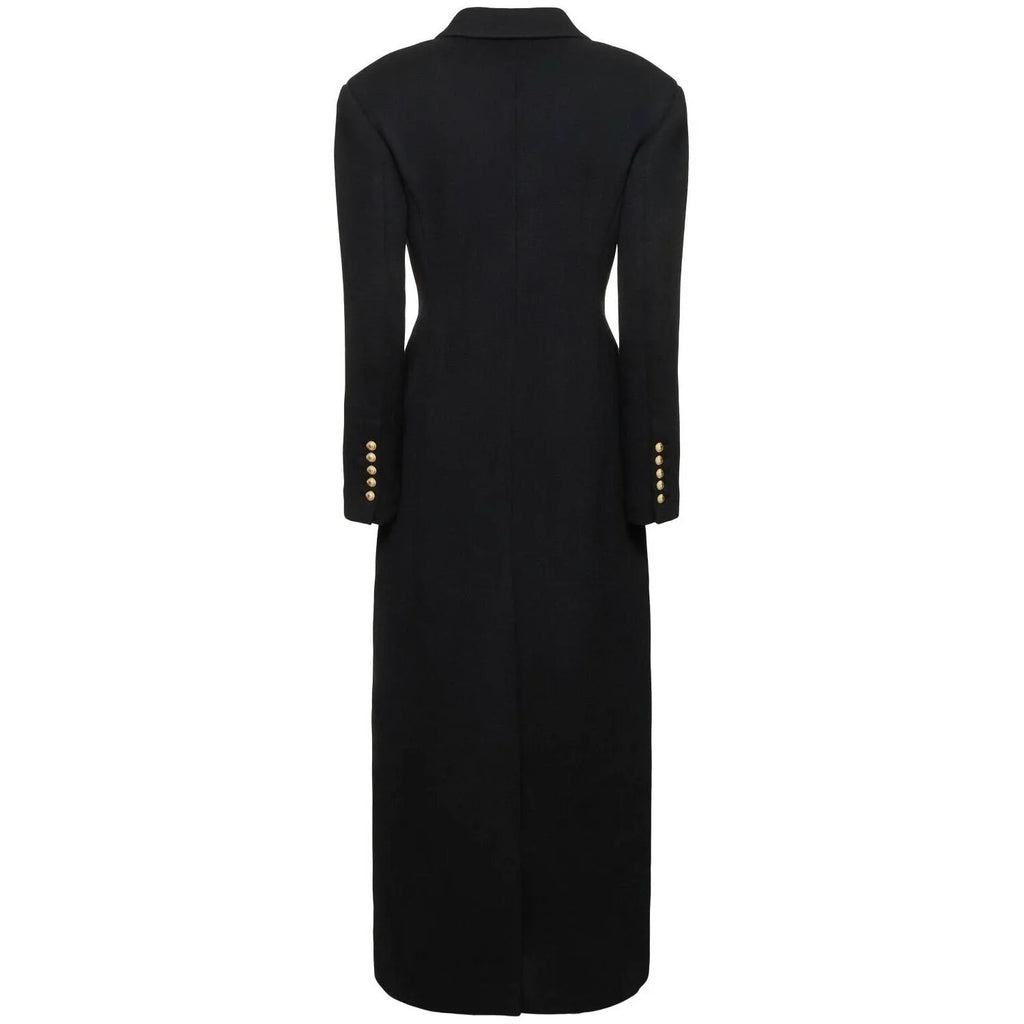 Women's slim-fit two-button extended coat in black imitation cashmere blend, front view on hanger