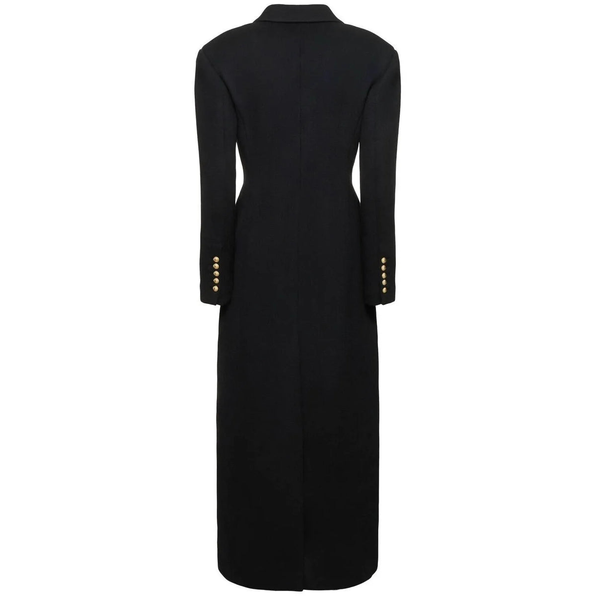 Women's slim-fit two-button extended coat in black imitation cashmere blend, front view on hanger