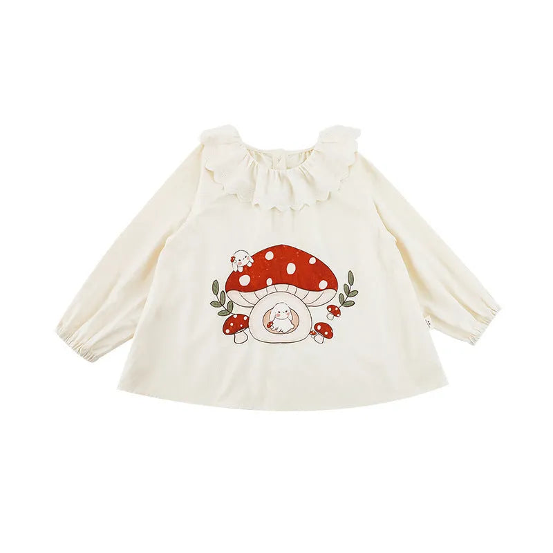 Children's cotton cartoon mushroom suit in beige with long sleeves and trousers for toddlers