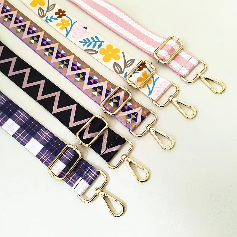 Colourful wide polyester cotton handbag shoulder strap with floral pattern and gold buckle