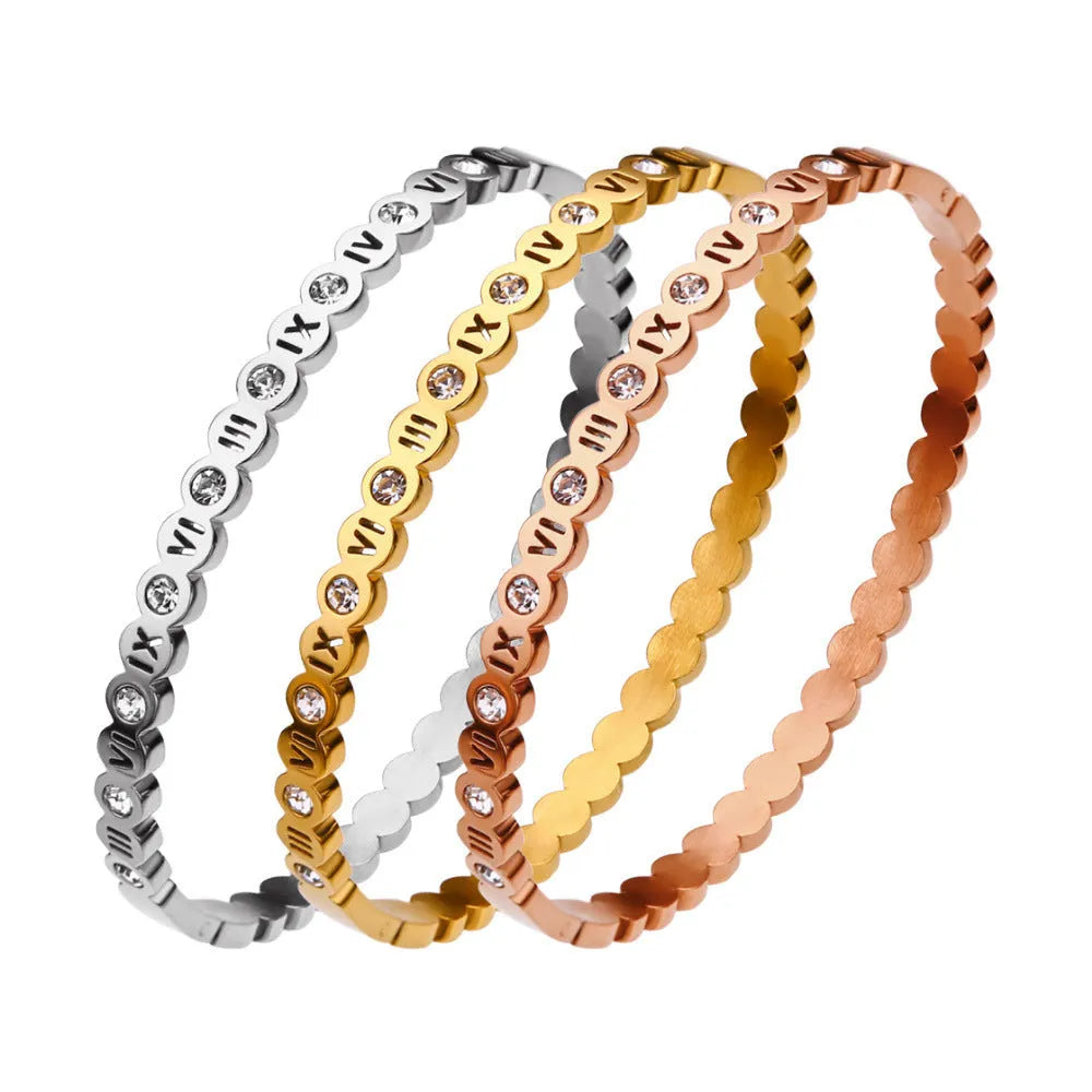 Titanium steel Korean style bracelet with number decorations in gold, rose gold or steel colour