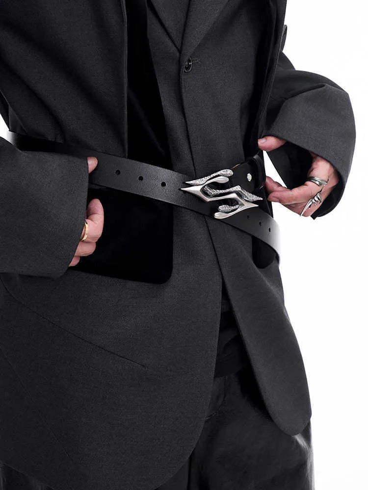 Black two-layer cowhide leather men's belt with metal letter buckle showing 110cm length