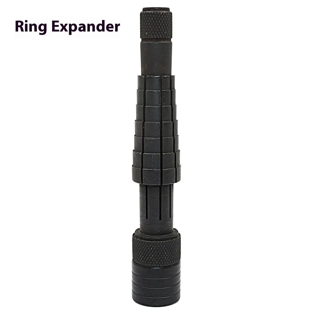 Ring expansion size adjustment tools including circular stretcher and rubber hammer