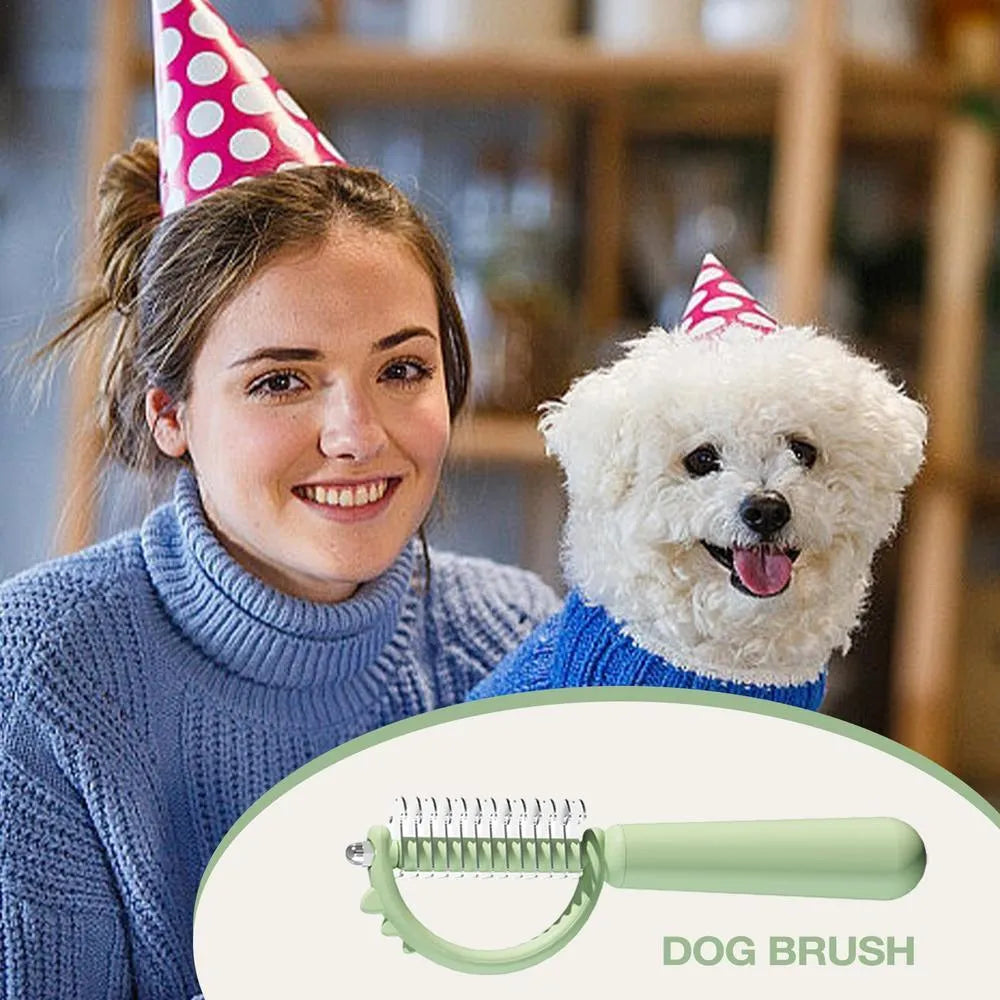 Blue dinosaur-shaped double-sided self-cleaning cat brush for grooming.