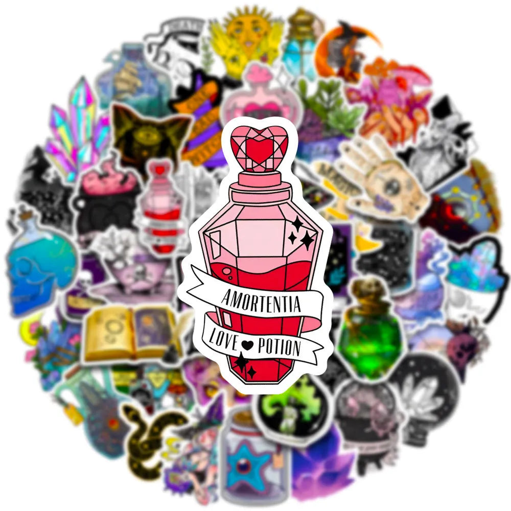 50 colourful glossy waterproof PVC stickers for luggage and smooth surface decoration, sizes 3cm to 8cm.