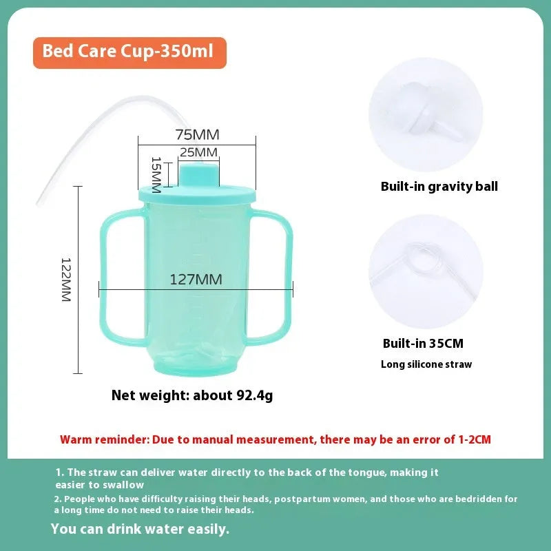 Bedside drinking cup with slanted mouth, handle, and optional wrist splint for adult care