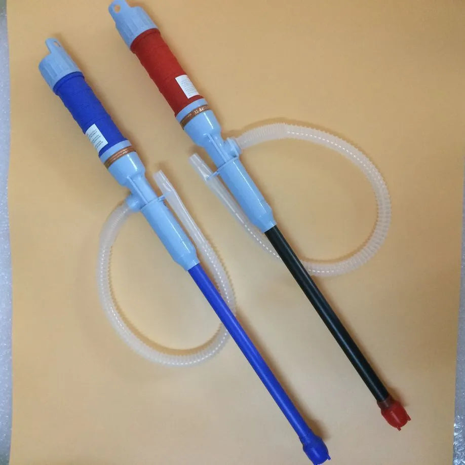 Blue manual hand siphon pump for transferring fuel and oil.