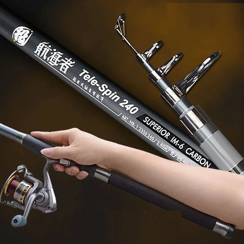 Black stainless steel retractable carbon sea rod in 2.4m to 3.6m lengths