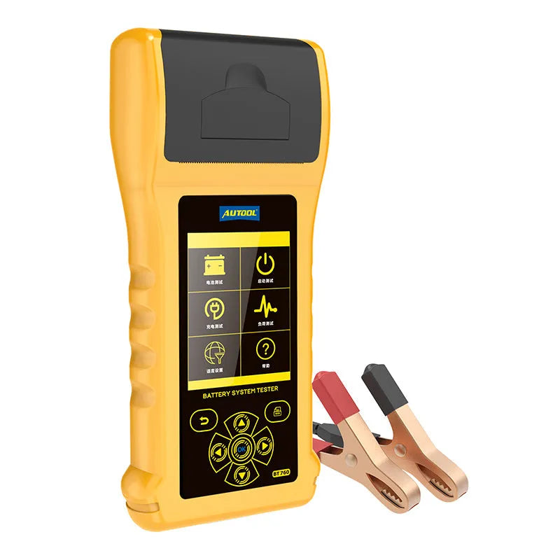 Autool BT760 vehicle battery tester with colour screen, test clips, and built-in thermal printer.