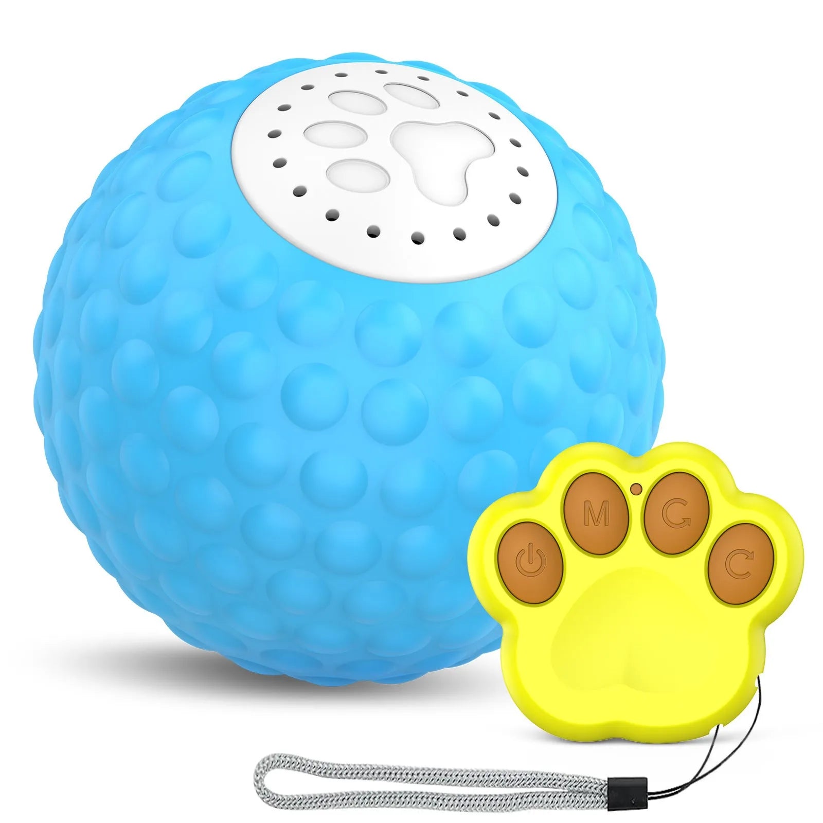 Smart cat ball toy with remote control in blue, green, or yellow colours