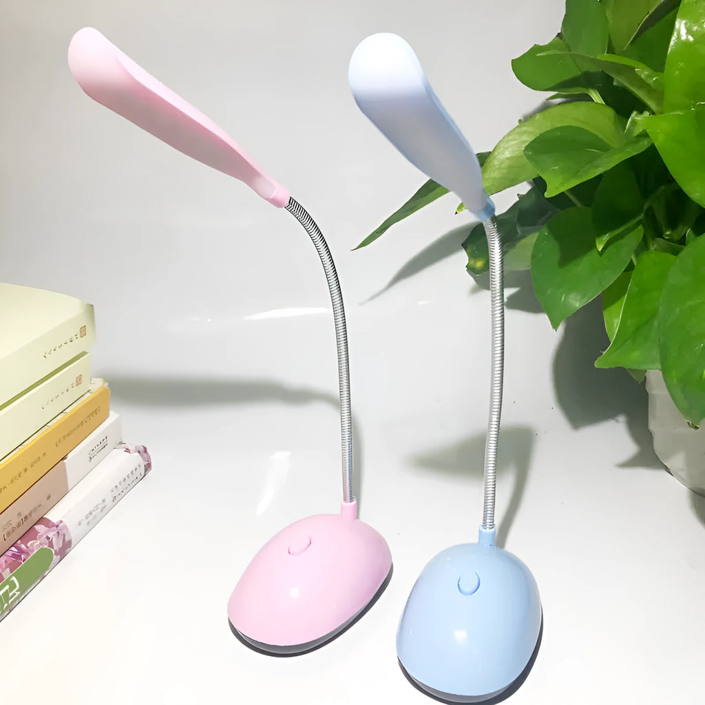 Battery LED desk lamp in white, blue, pink or green, plastic table light for dormitory reading with three No. 7 batteries