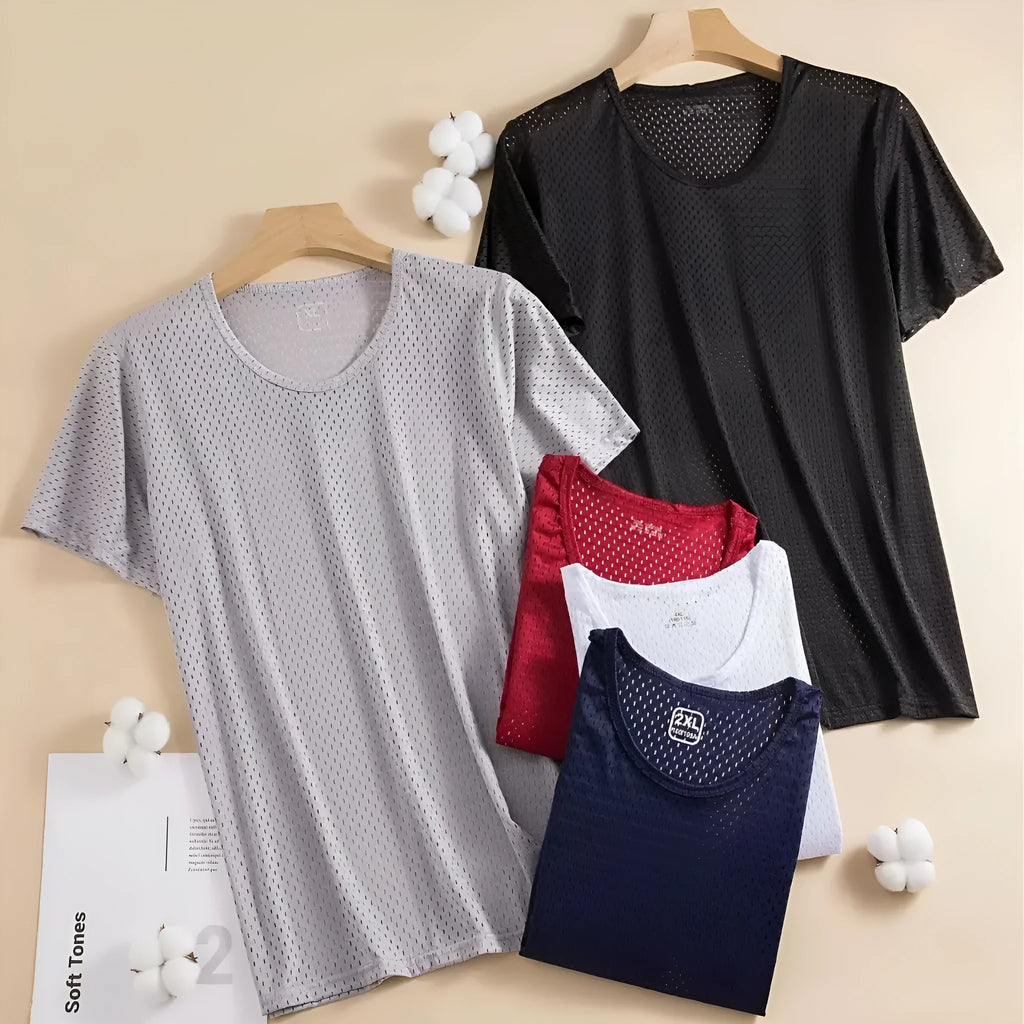 Men's ice silk short sleeve t-shirt in loose fit crew neck design showing ultra-thin mesh fabric texture