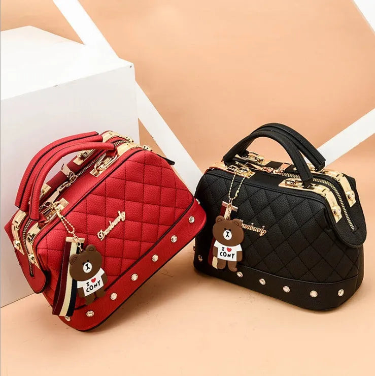 Women's PU leather square shoulder bag with zipper closure in black, small size