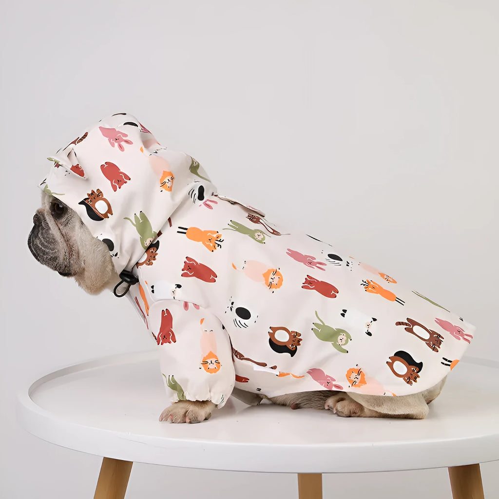 Cartoon dog raincoat with waterproof coating in beige patterns available in multiple sizes
