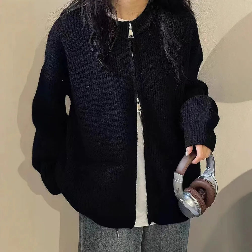 Soft viscose knit sweater coat cardigan with long sleeves in beige, grey, black, or khaki.