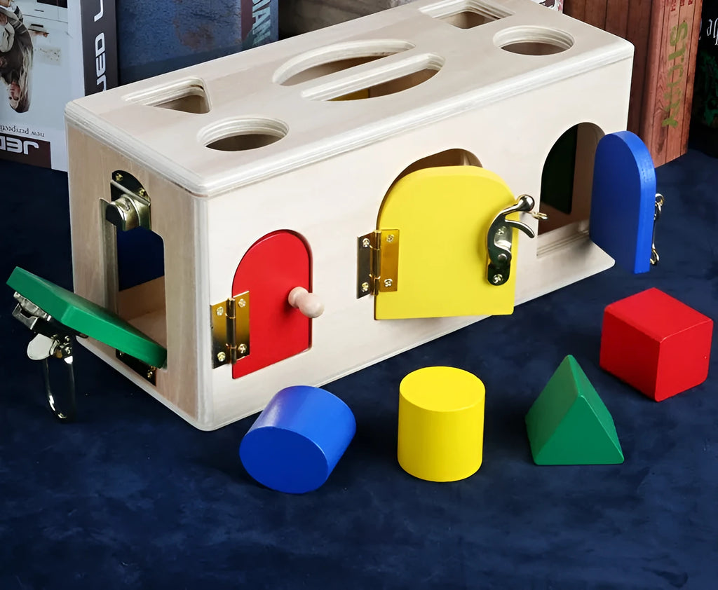 Wooden shape lock box educational toy with 12 pieces for preschool learning