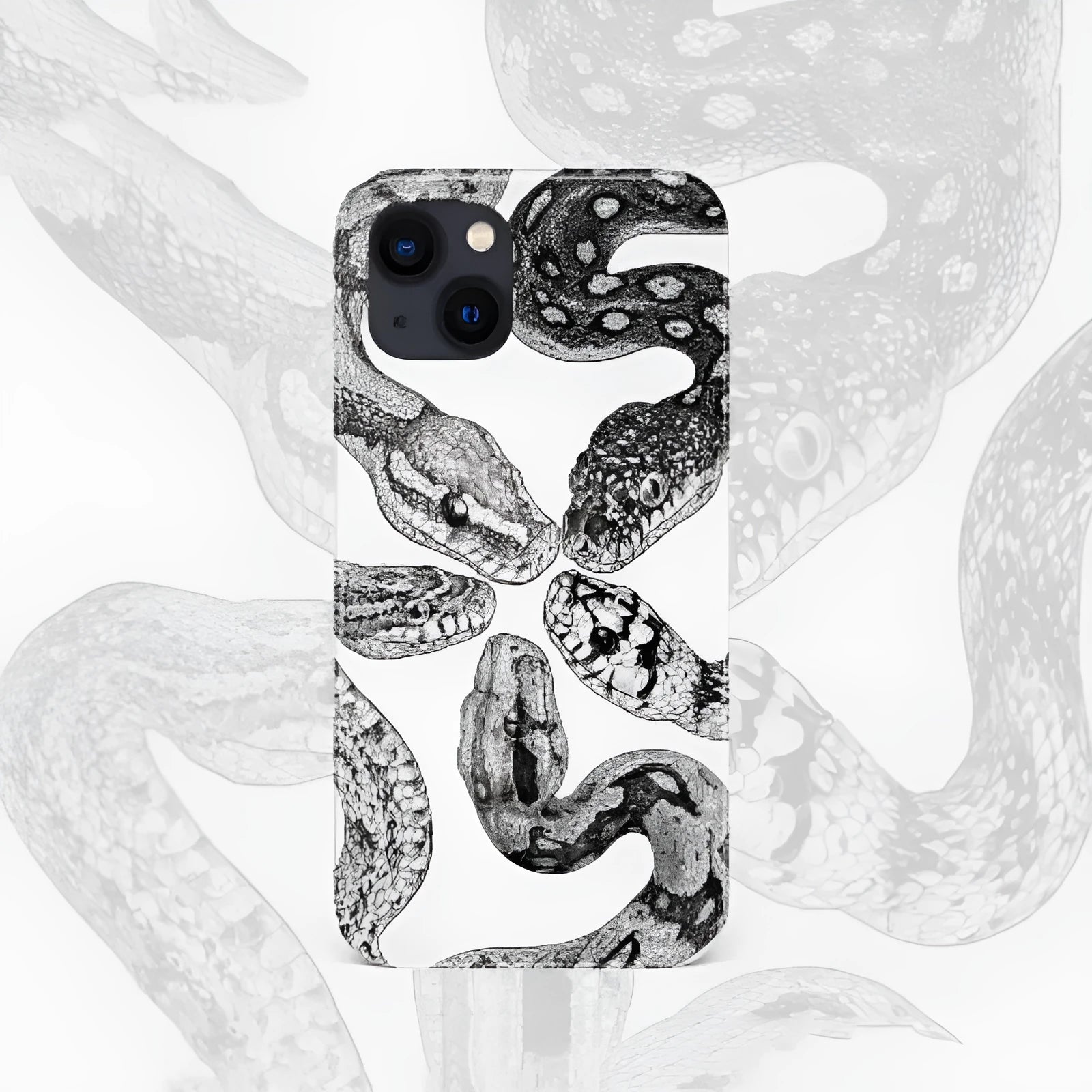 Black and white retro python illustration half-covered frosted hard shell phone case for iPhone 15 Pro Max