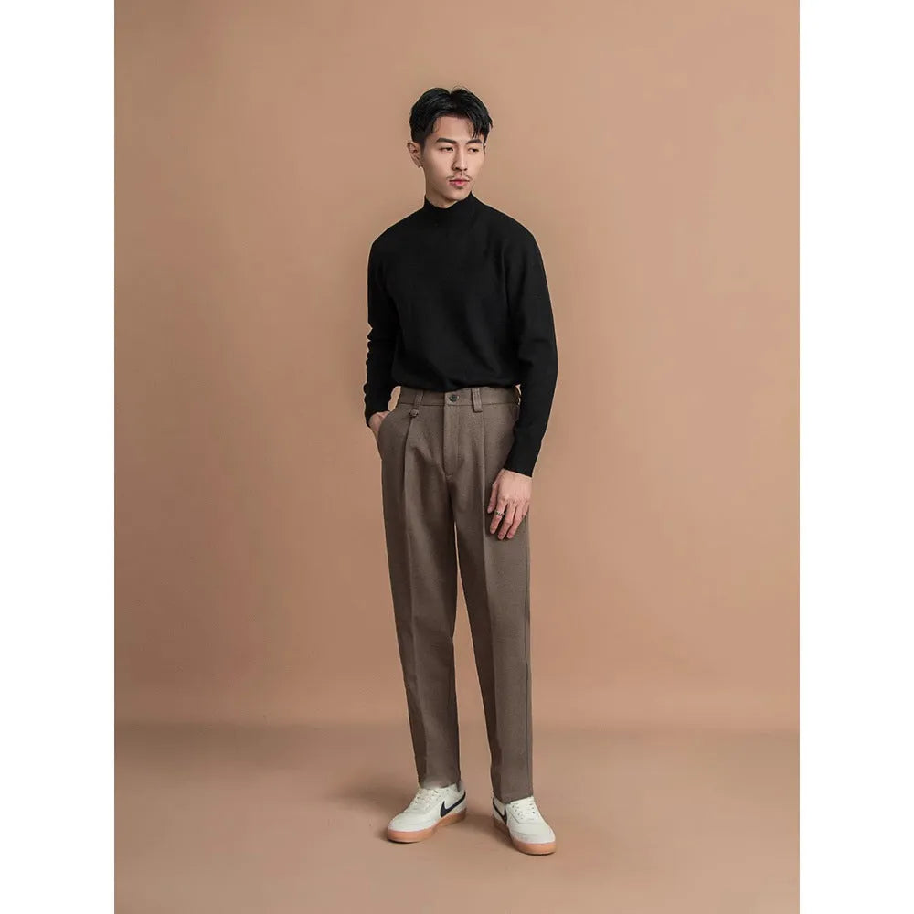 Men's straight-leg business casual trousers in polyester fabric, shown in black, brown, dark gray, or khaki.