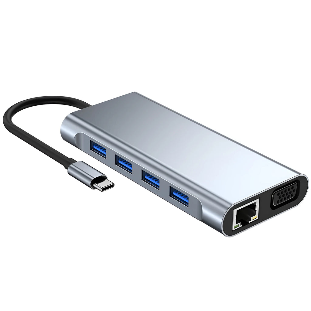 11-in-1 USB-C hub docking station with HDMI, VGA, audio, RJ45, USB 3.0, SD, TF, and PD ports