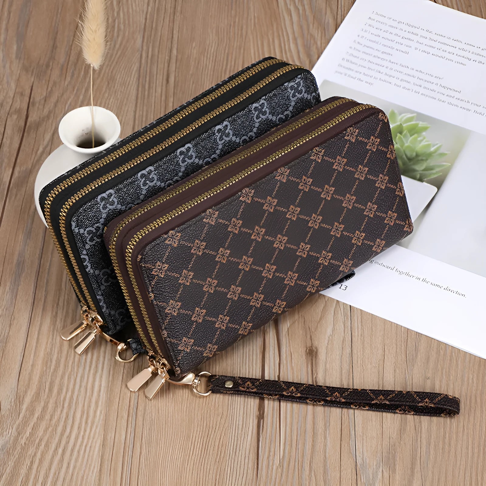 Black PU leather long wallet clutch with mobile phone compartment and zip coin purse