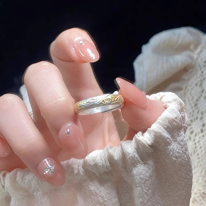 White copper open mouth ring with Xiangyun pattern, geometric fairy style, and silver gold electroplated finish.