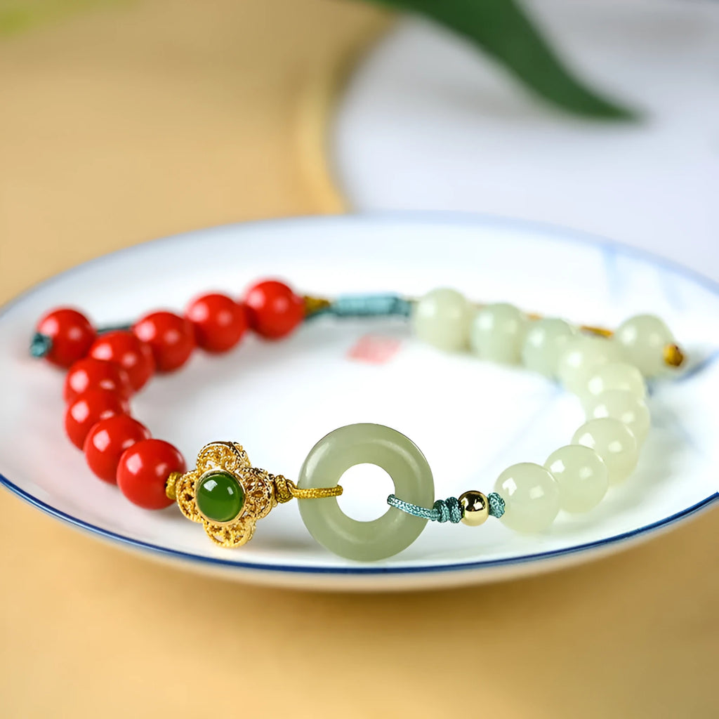 8mm cinnabar and Hetian gray jade flower bracelet in retro ethnic style for women