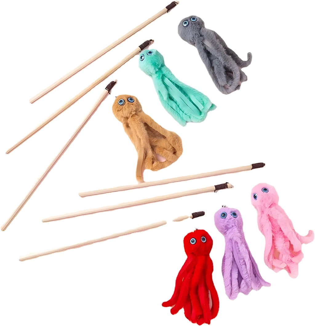 Indoor octopus cat toy with long stick for kittens and adult cats in four colour options
