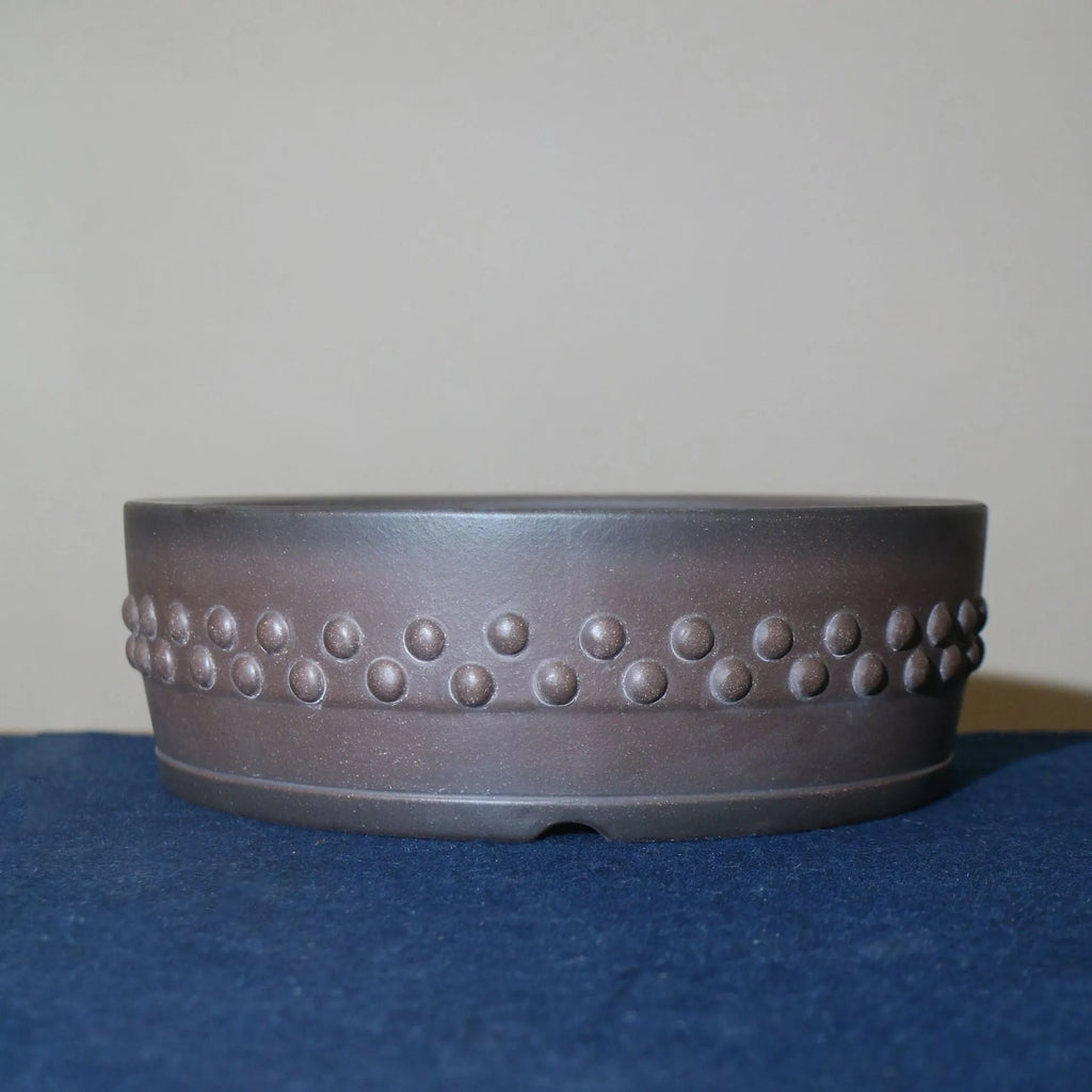Purple sand ceramic bonsai pot, handmade round drum planter with nail detailing, 29.5cm inner diameter