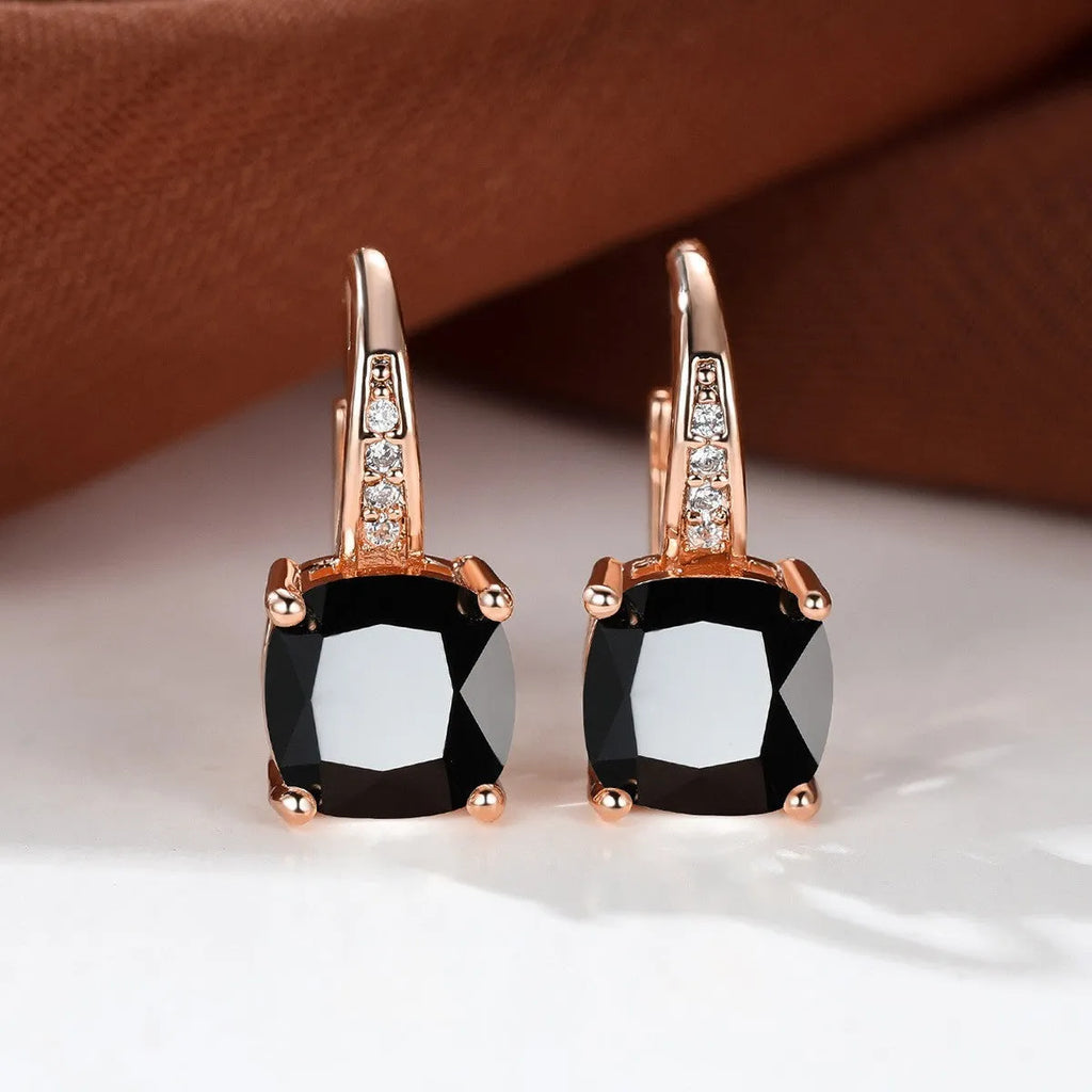 Square zircon inlaid ear hook earrings in copper geometric style with electroplated finish