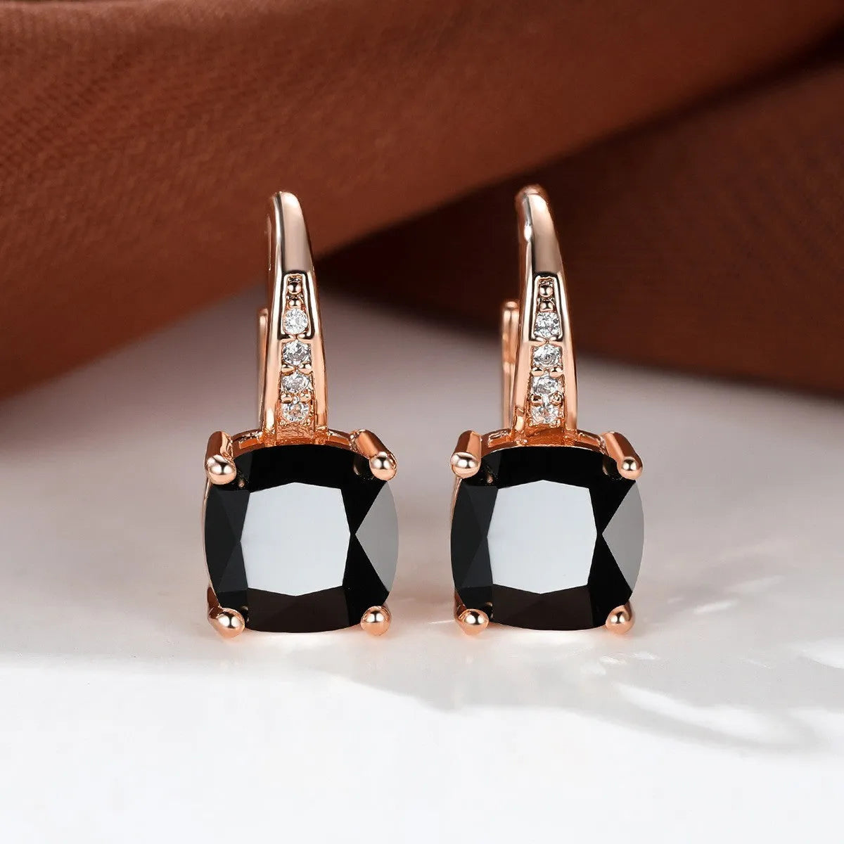 Square zircon inlaid ear hook earrings in copper geometric style with electroplated finish