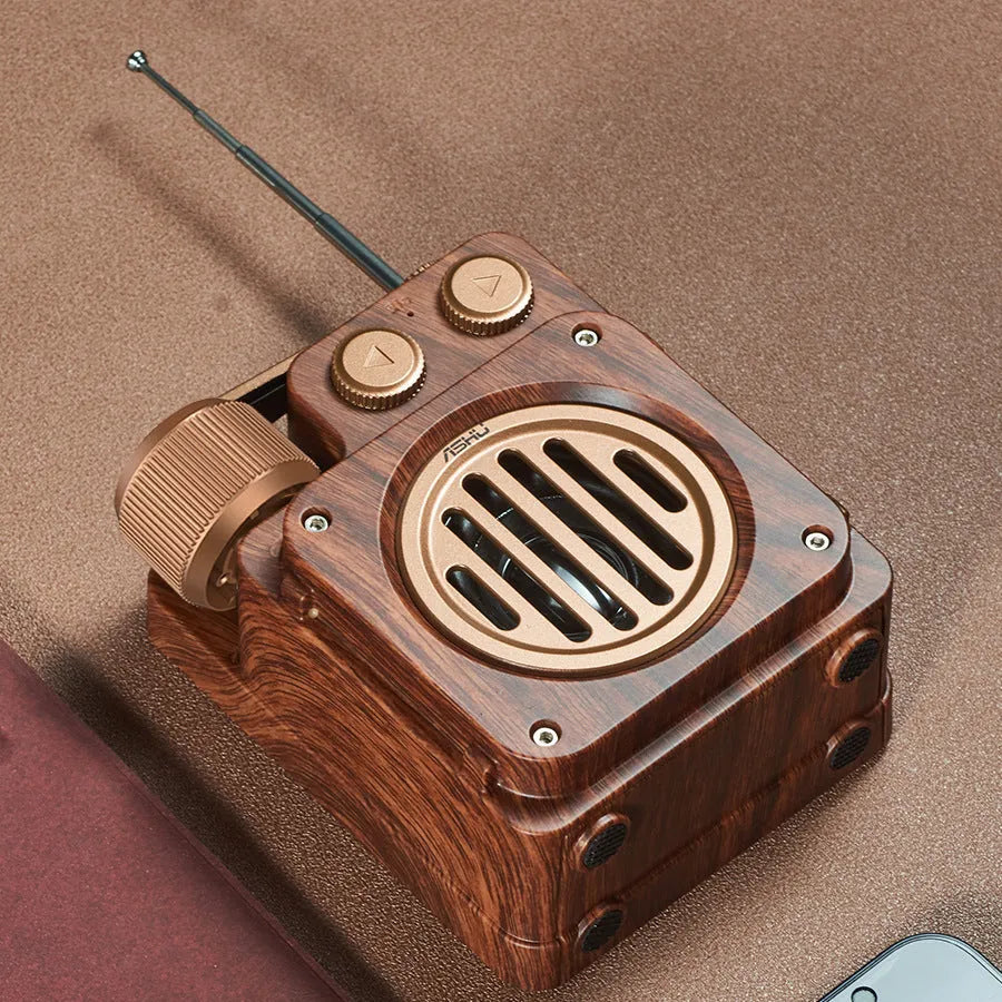 Retro lightweight compact wireless Bluetooth speaker in rosewood gold finish with plastic shell