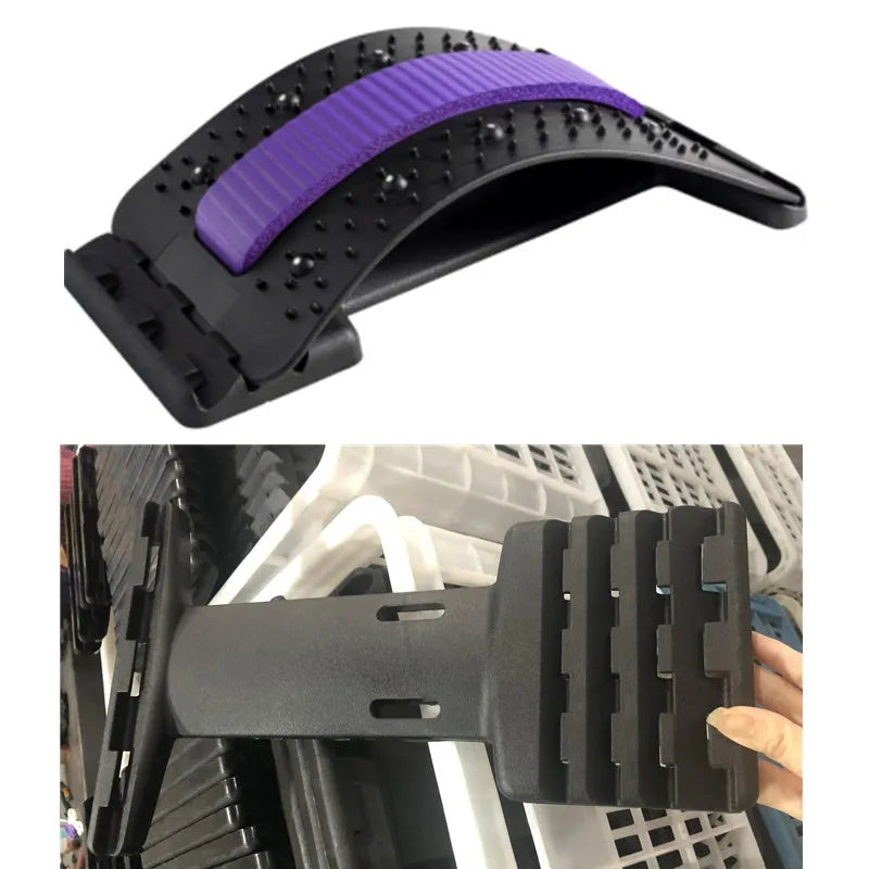 A blue and black adjustable back stretcher with 8 massage heads in a rectangular trapezoid shape for waist and back pain relief.