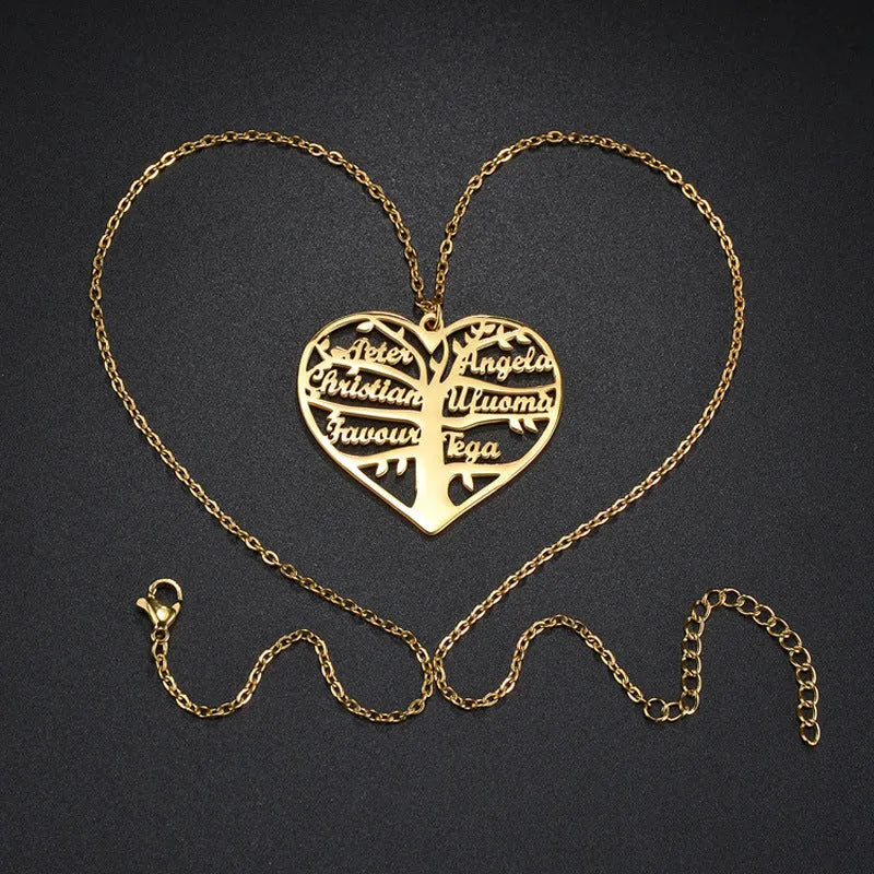 Custom engraved name necklace with hollow heart family tree pendant in stainless steel.