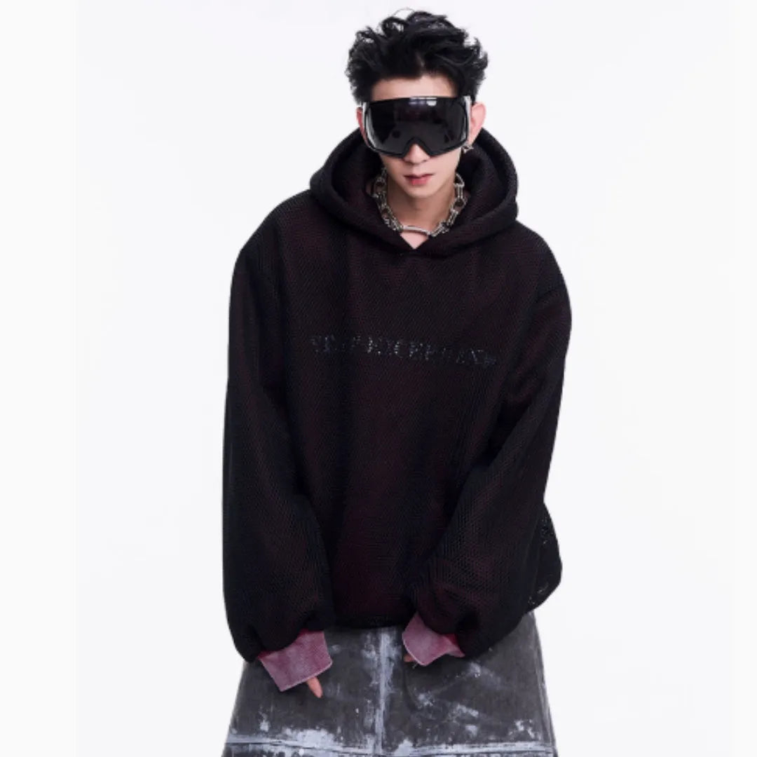 Men's black ash hollow out knitmesh hooded fleece lined sweater loose fit side view