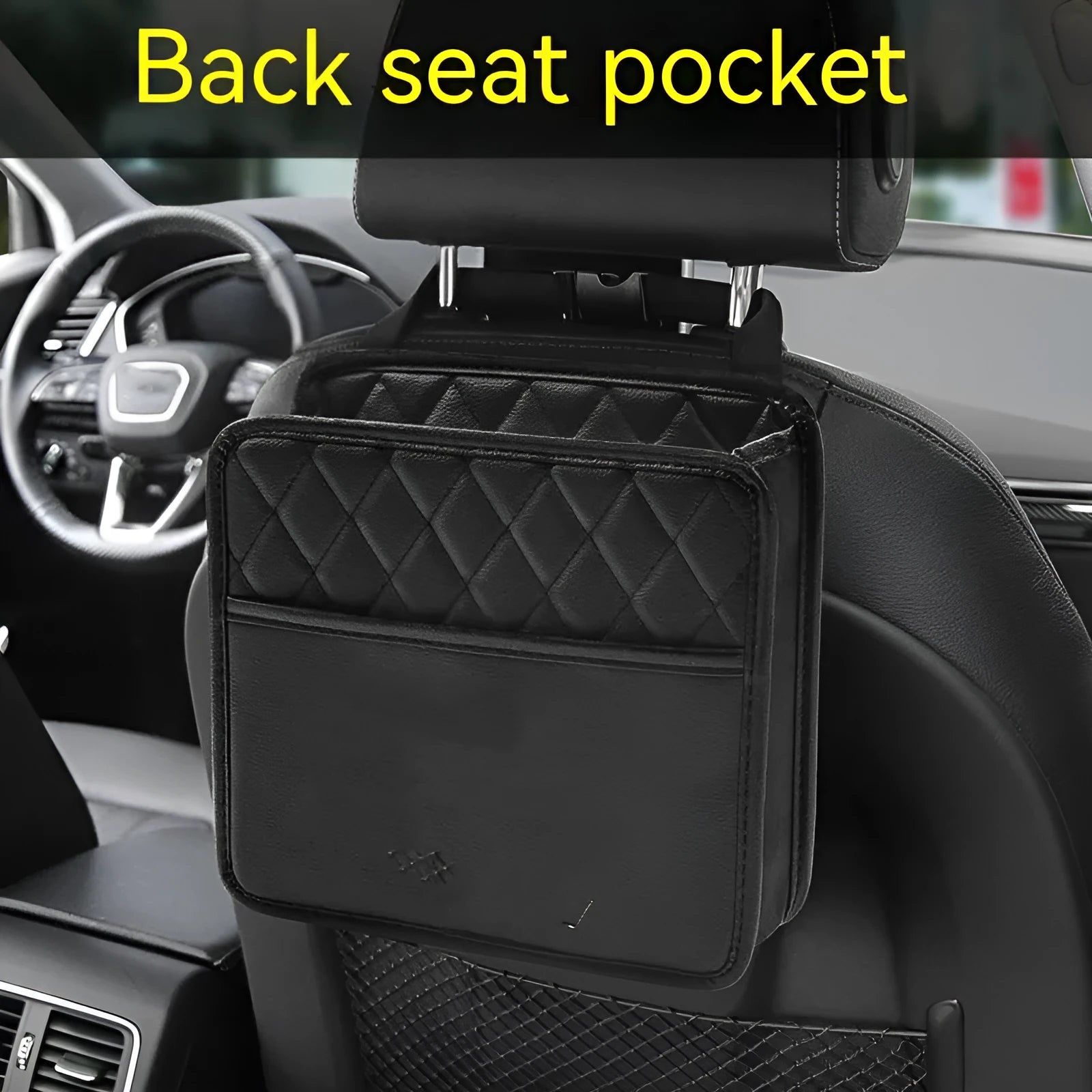 Leather car interior hanging storage bag in black, pink, green and white colours