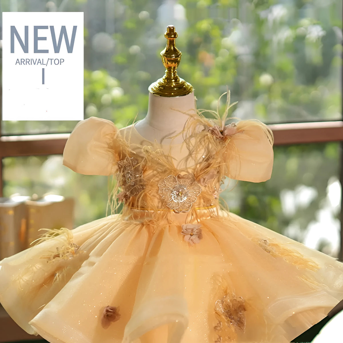 Girls champagne gold princess dress with sequins, short sleeves, round neck, and pettiskirt