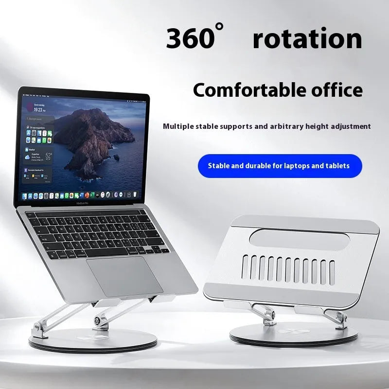 Silver aluminium alloy laptop stand with height adjustment and foldable design on desktop