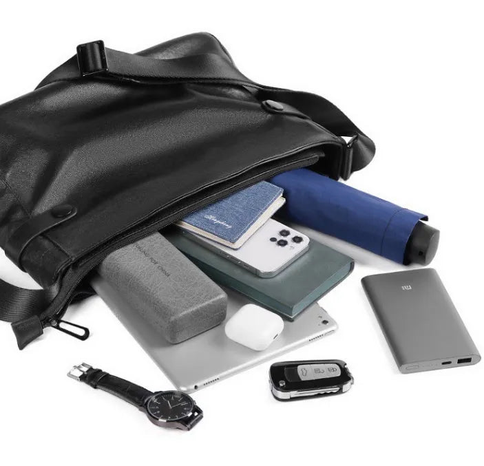 Men's genuine leather crossbody bag black waterproof solid colour patchwork design fabric lining