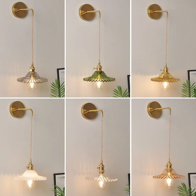 Retro brass lotus wall lamp with copper construction and glass shade in six colour options