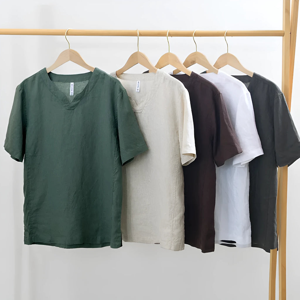 Linen pullover short sleeve t-shirt top in khaki colour with relaxed fit and tunic length