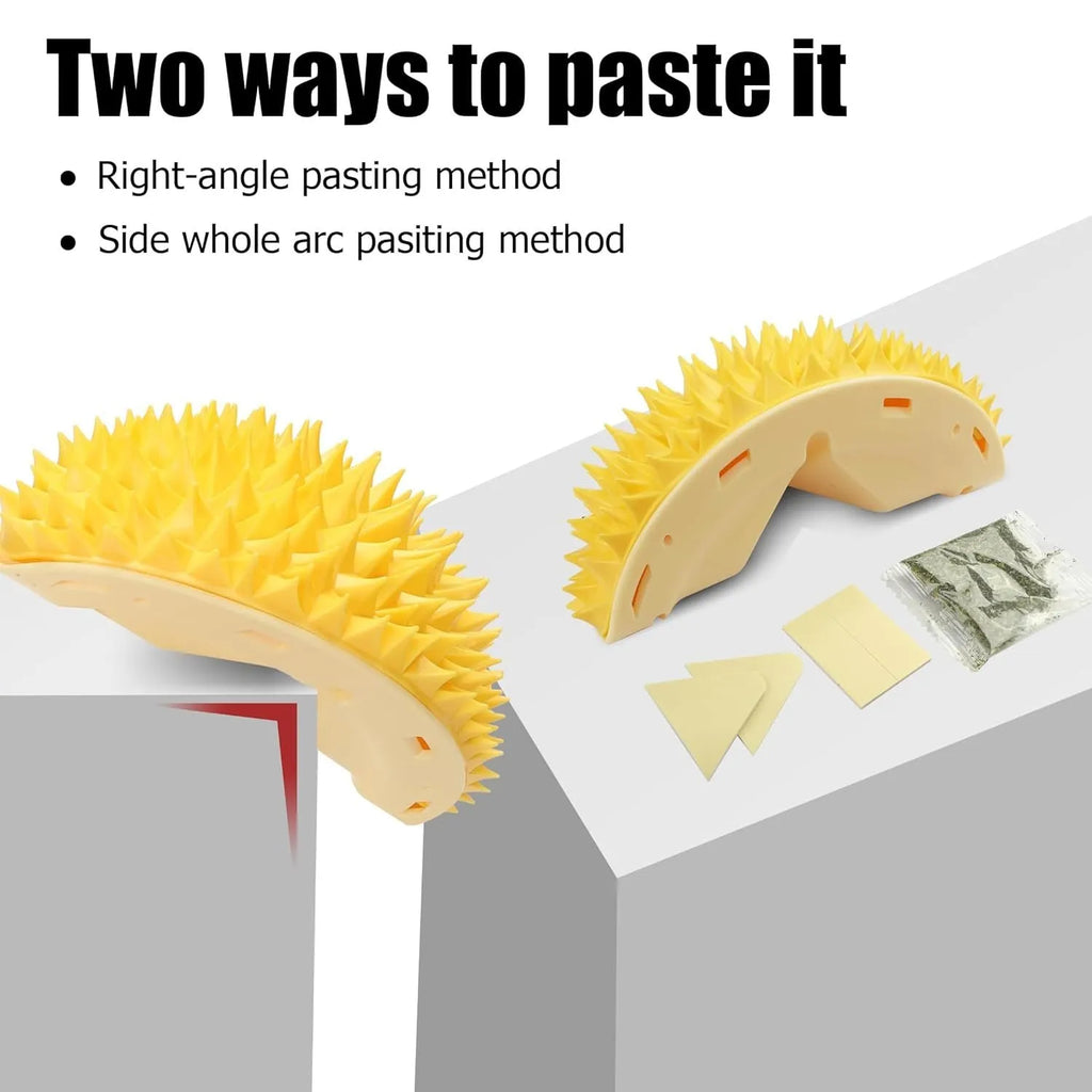 Yellow durian-shaped cat corner scratcher with massage comb for wall mounting